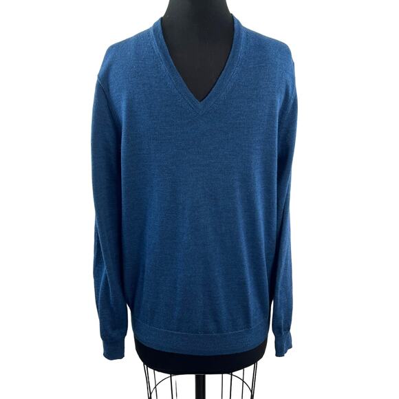 Ben Sherman Blue Men's Merino Wool Sweater V-Neck Pullover Size Medium M FLAW - Picture 1 of 9